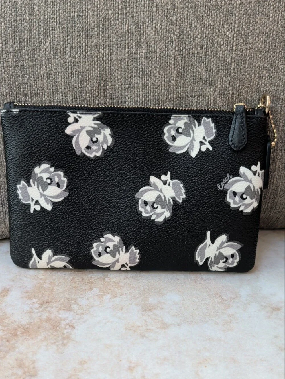 Coach Black Floral Zip Wristlet with Gold Hardware EUC